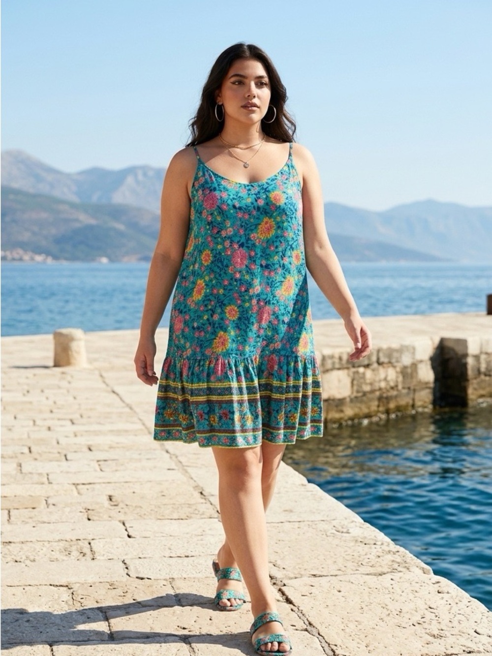 Teal Floral Spaghetti Strap Dress